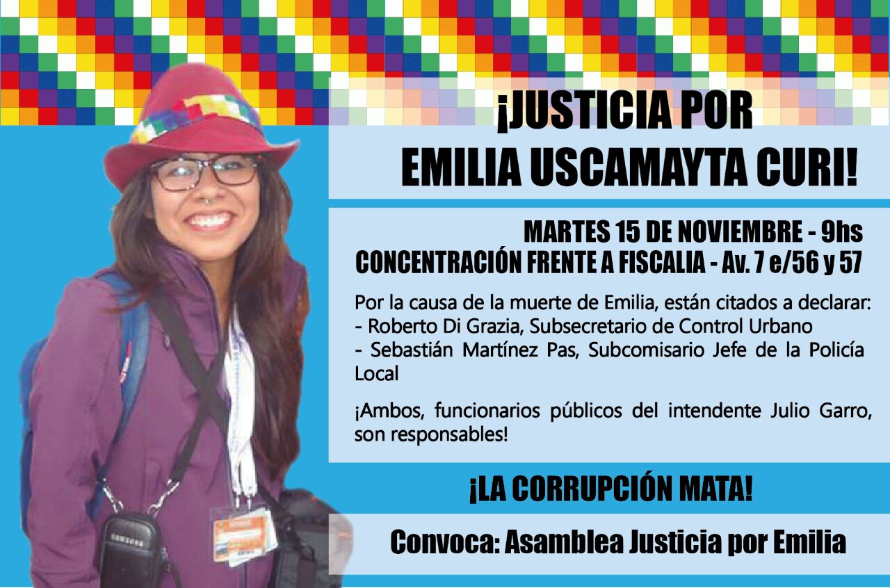 Convocan a movilizarse por Emilia Uscamayta Curi cuando declaren los funcionarios de Garro involucrados en su muerte