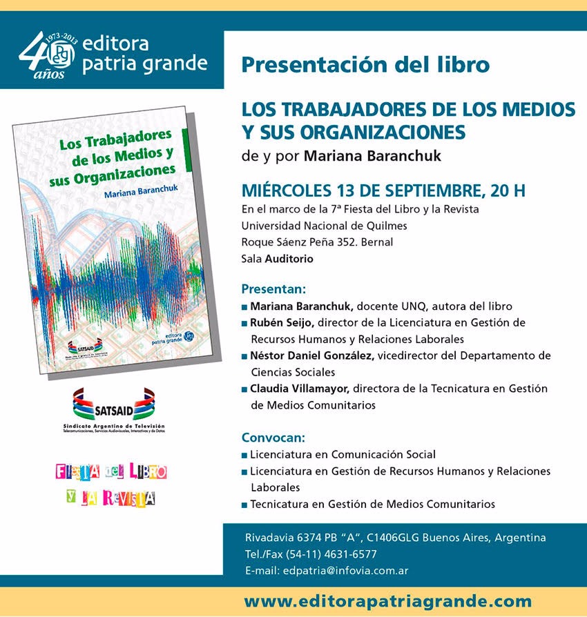 El libro “Trabajadores de los medios y sus organizaciones” será presentado en la Universidad de Quilmes