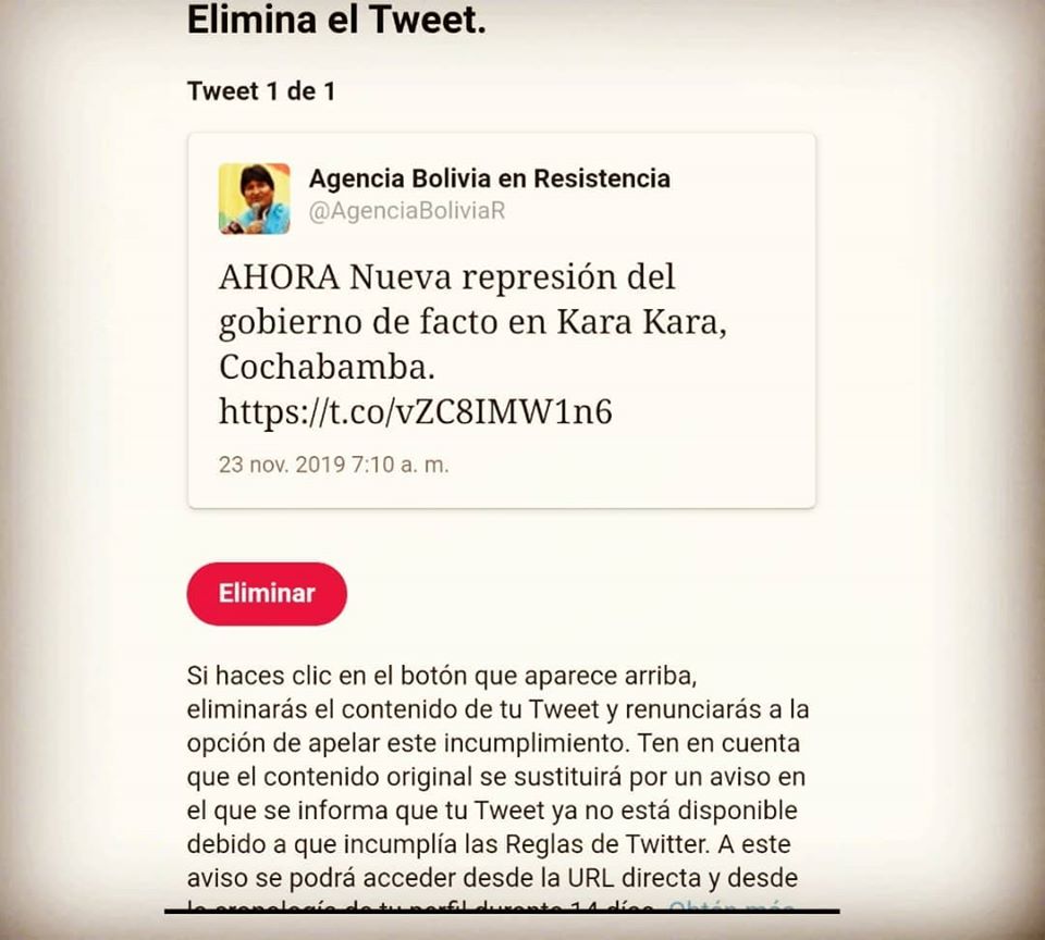 Twitter censura a la Agencia Bolivia en Resistencia (ABR)